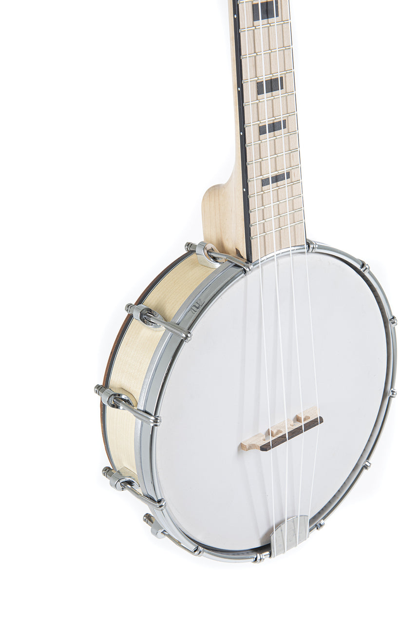 VGS Manoa VG512550 banjo ukulele, white head – body and neck, angled from the left