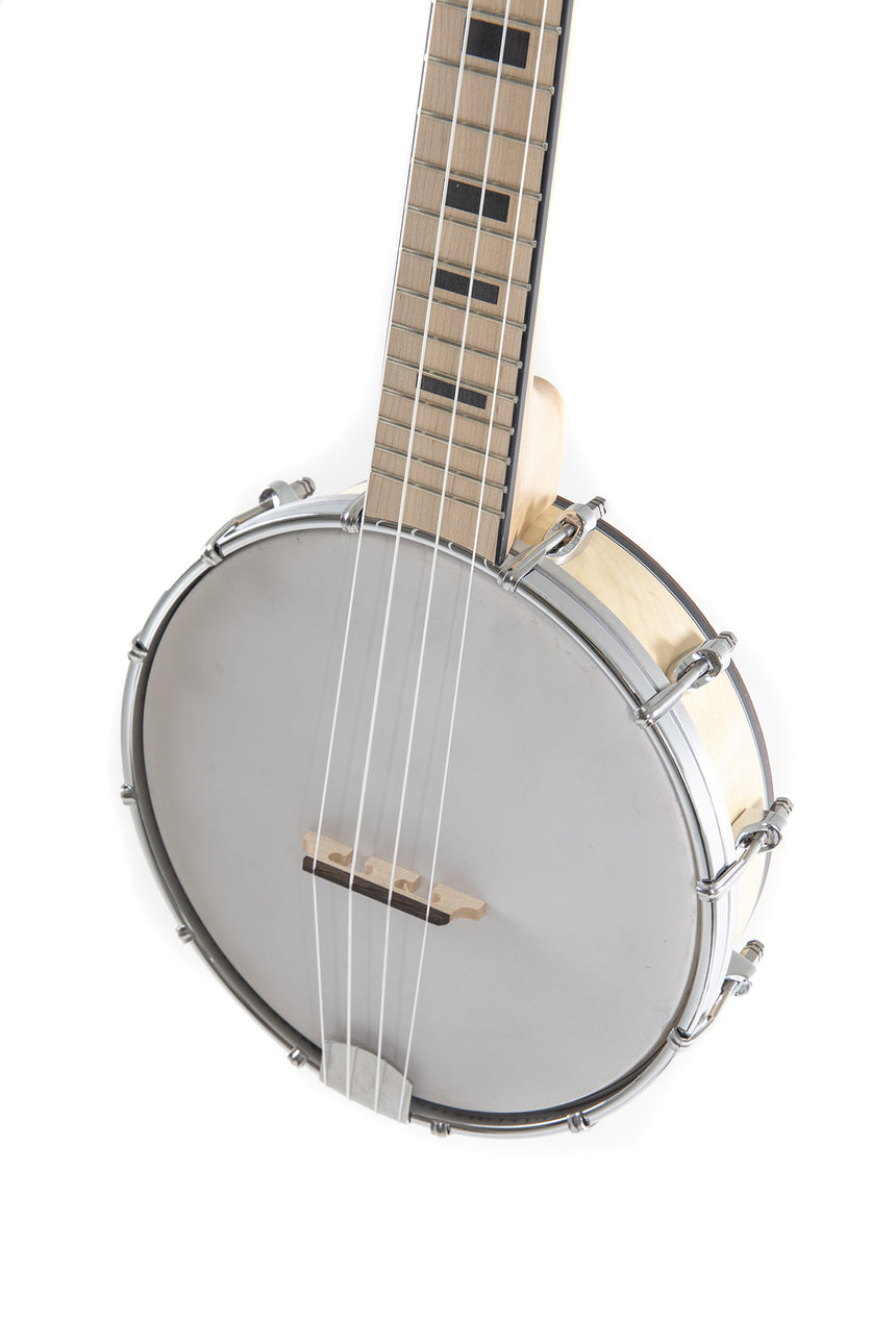 VGS Manoa VG512550 banjo ukulele, white head – body and neck, angled from the right