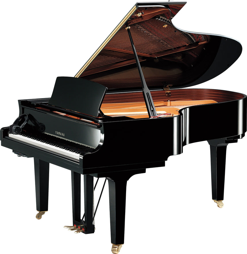 Yamaha C5X SH3 Flügel in Schwarz poliert mit geöffnetem Deckel und Silent-Steuereinheit