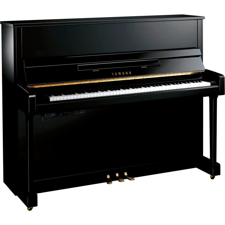 Yamaha b3 TC3 upright piano in polished ebony – three-quarter view with TC3 control unit.