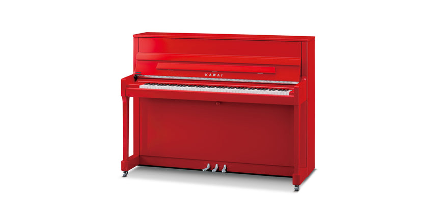 Kawai K-200 upright piano in polished red – three-quarter view against a white background.