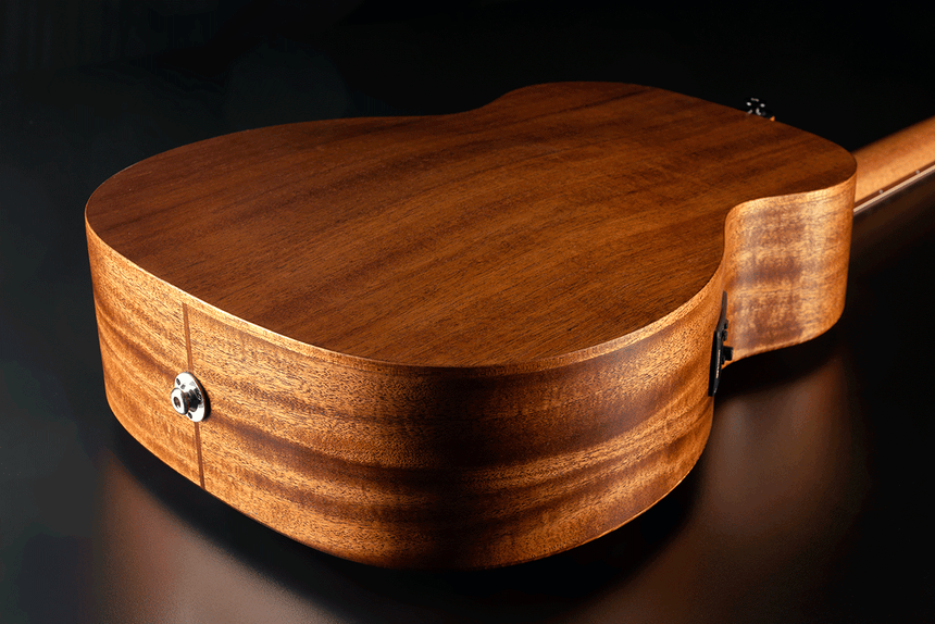 Guitare de voyage Lâg ESCAPADE-GTE au motif Globe Trotter – détail du dos et des éclisses