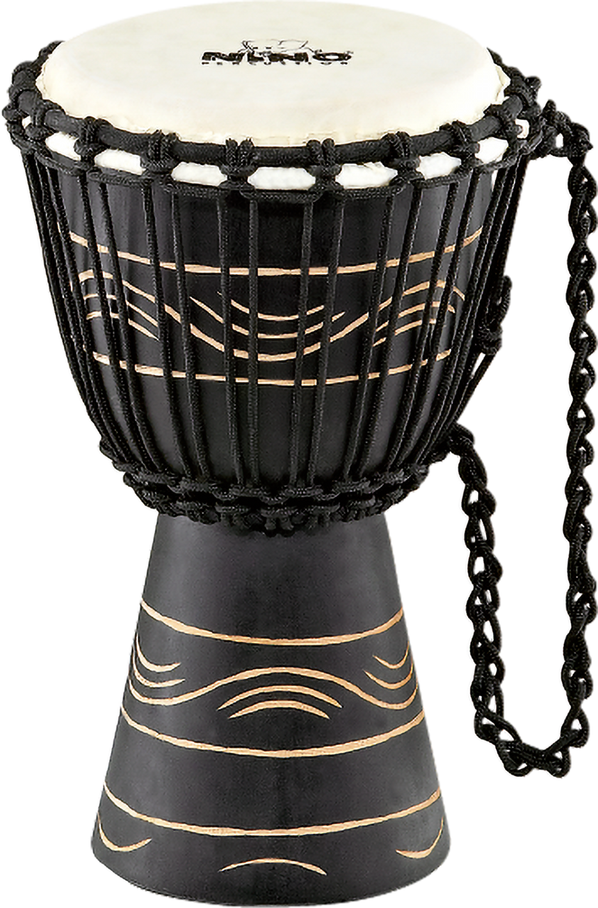 NINO-ADJ4-XS Djembe, 7 Zoll, Moon Rhythm, schwarz mit Naturfell – Frontalansicht mit Schnurspannung
