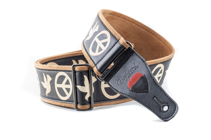 RightOn! Legend Peace & Doves guitar strap in black and beige – alternate angled rolled view
