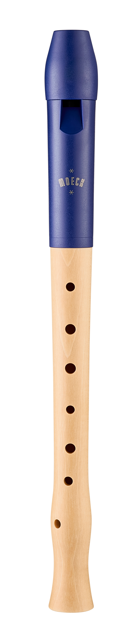 Moeck Flauto 1 Plus 1024 soprano recorder, blue and natural maple – front view with visible windway