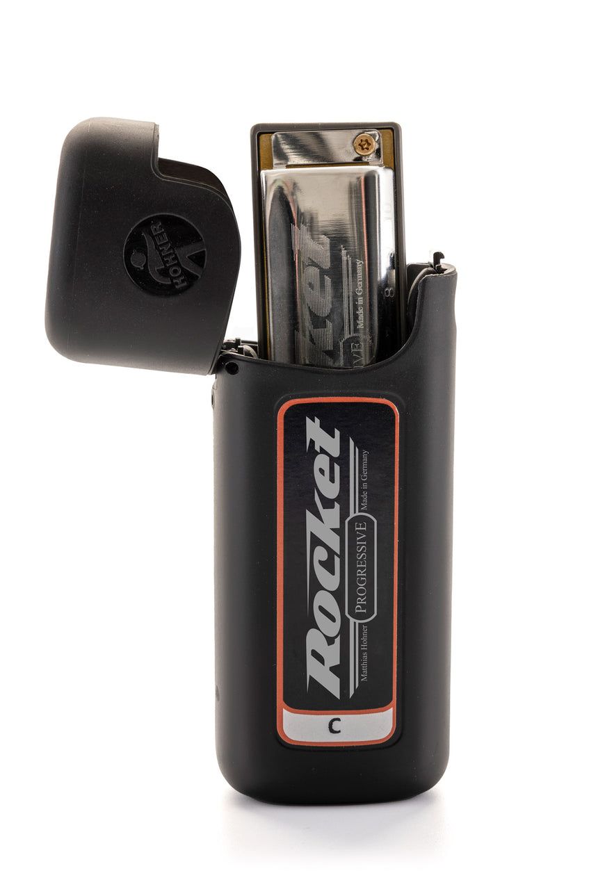 HOHNER Rocket diatonic harmonica, stainless steel covers and grey ABS comb in C major – open Snapcase with instrument