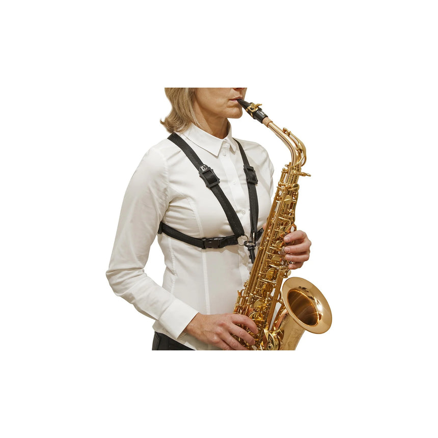 Black BG S41SH women’s saxophone harness – worn while playing saxophone