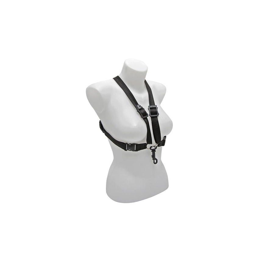 Black BG S41SH women’s saxophone harness – angled front view on torso mannequin