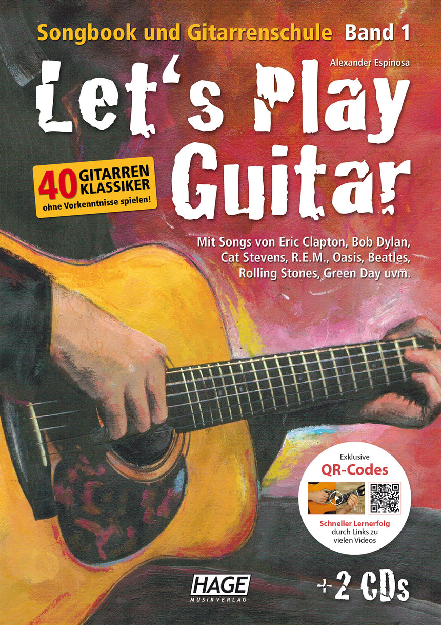 Let's Play Guitar Band 1 – Front cover with labels for two CDs and QR codes