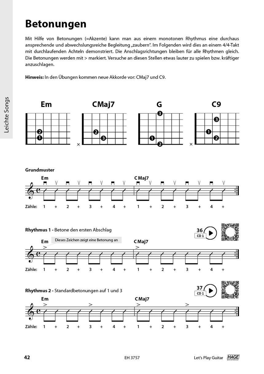Let's Play Guitar Band 1 – Inside page with rhythm and accent exercises