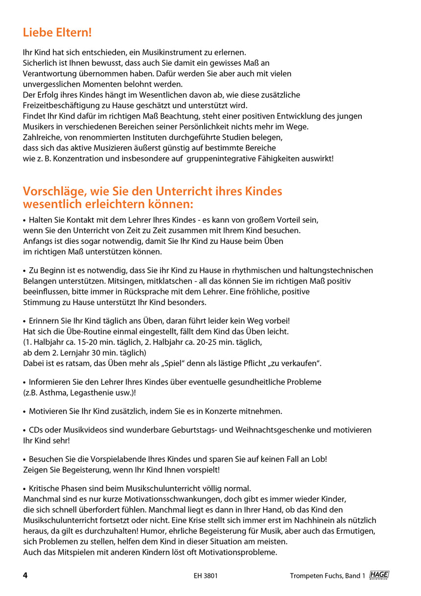 Trompeten-Fuchs Band 1 EH3801 mit QR-Codes, Vorwort für Eltern