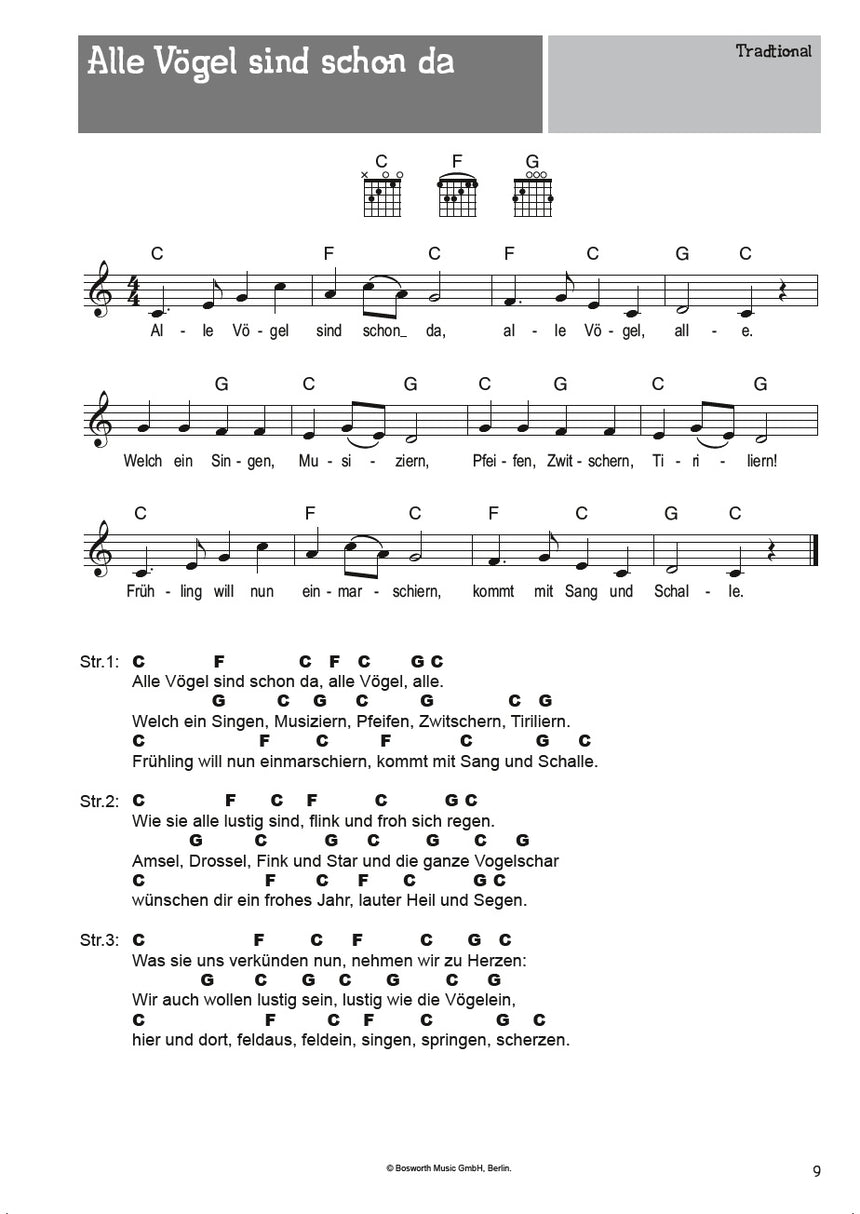 100 children's songs for guitar BOE7828 – Alle Vögel sind schon da sample page