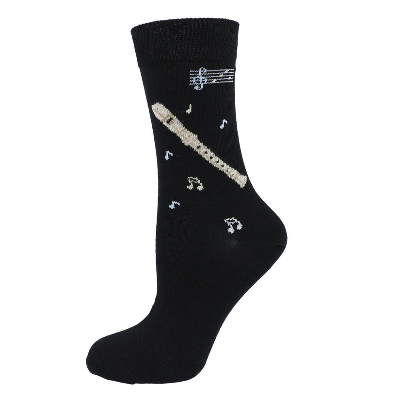Chaussette Kübler noire tendue, motif flûte à bec, sur fond blanc