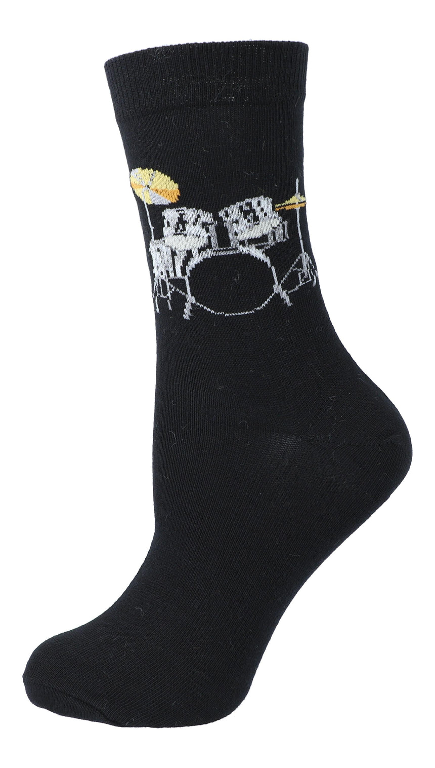 Chaussette Kübler noire tendue, motif batterie, sur fond blanc
