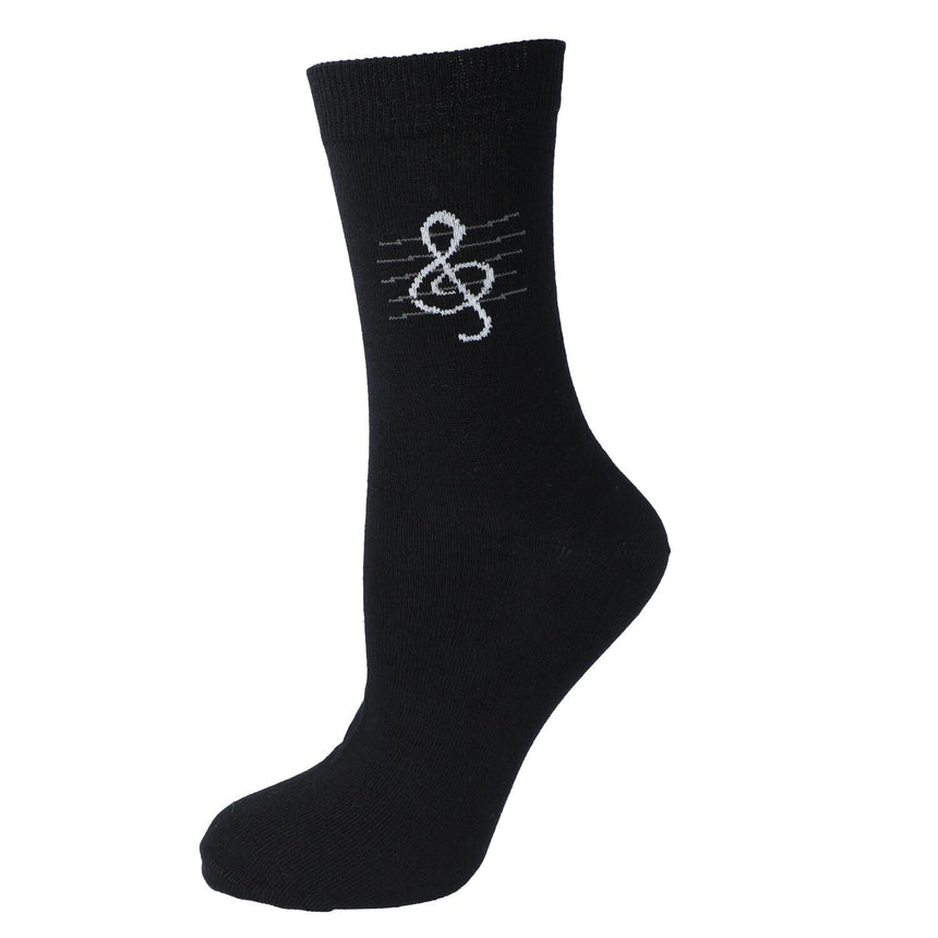Chaussette Kübler noire tendue, motif clé de sol, sur fond blanc