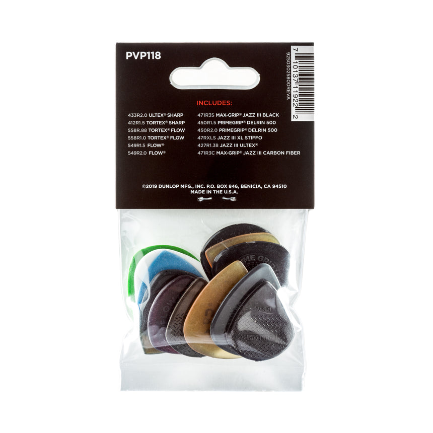 Dunlop PVP118 Shred Pick Variety Pack mit 12 Plektren, Verpackungsrückseite.