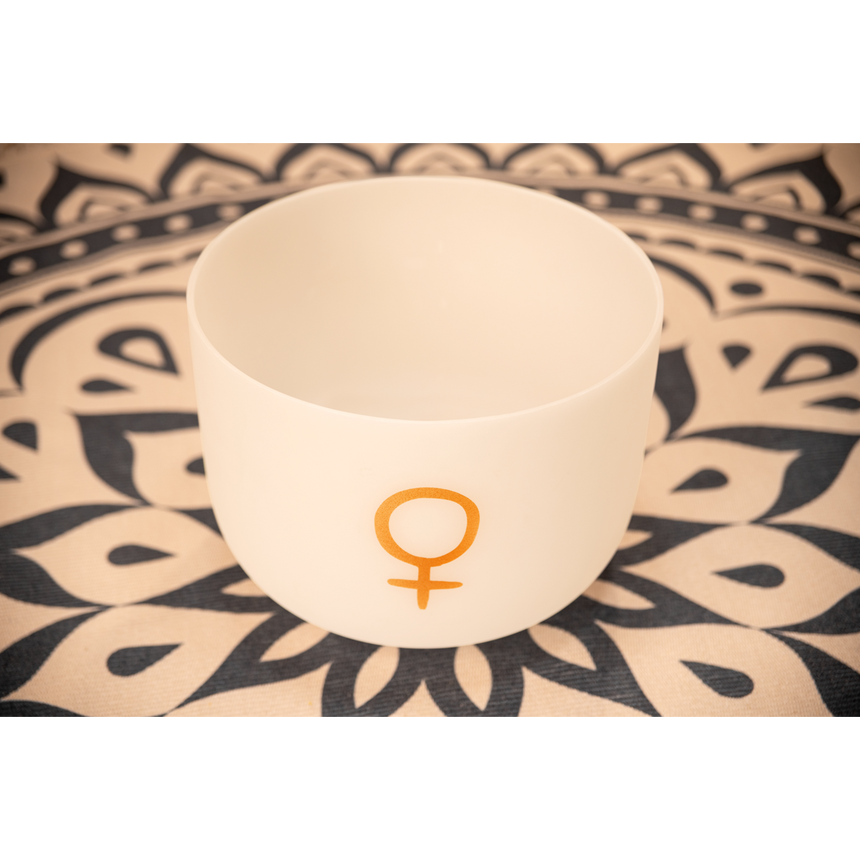 Meinl Sonic Energy PCSB12V, white frosted, golden Venus symbol – singing bowl on a patterned mat