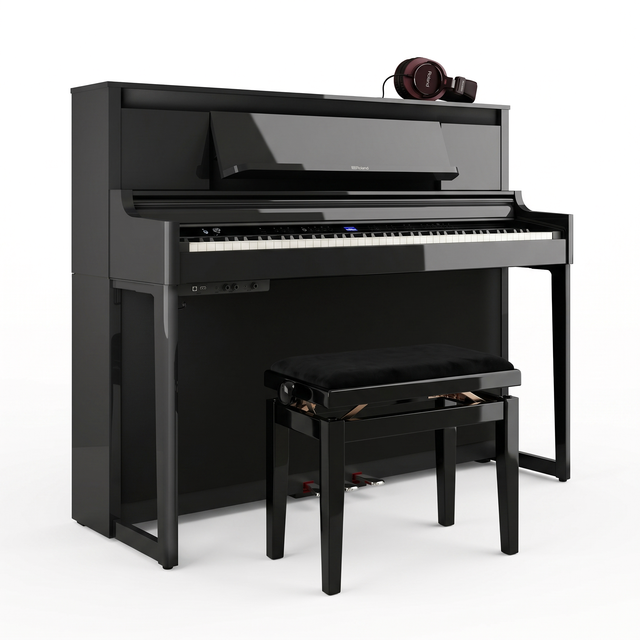 Roland LX-6 Schwarz Poliert Bundle mit Bank und Kopfhörer – bundle-hero