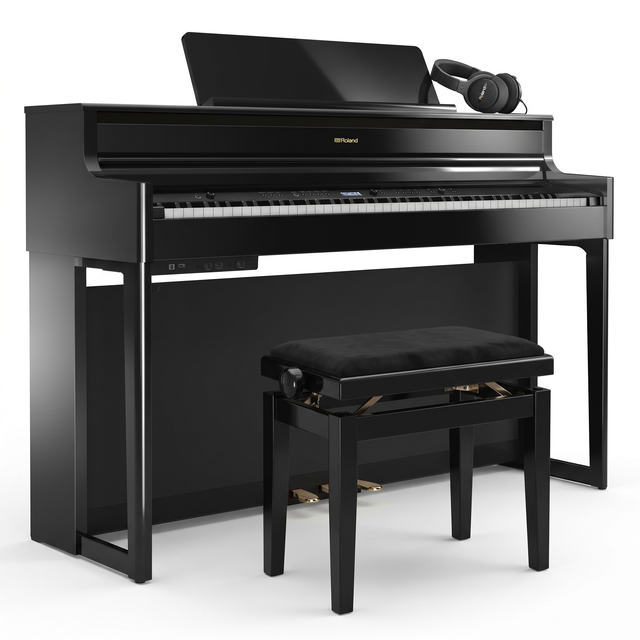 Roland HP-704 Bundle Schwarz Poliert mit Bank und Kopfhörer – bundle-hero