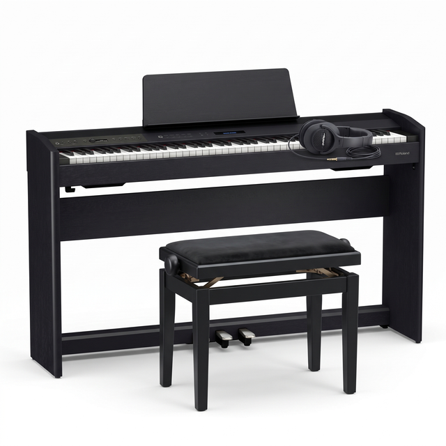Roland F 701 Schwarz Matt Bundle mit Bank und Kopfhörer – bundle-hero
