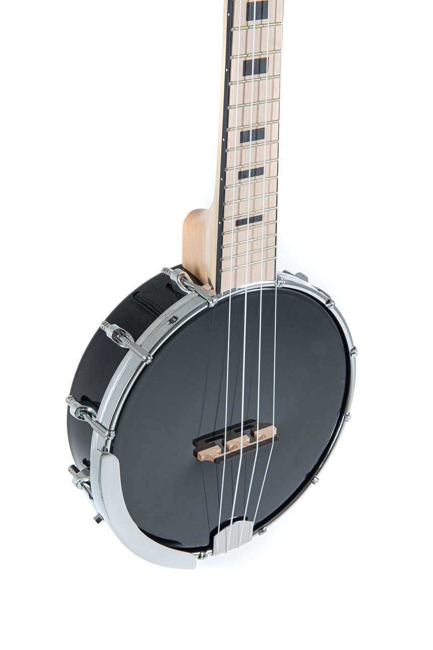 VGS Manoa VG512500 banjo ukulele, black head – body and neck, angled from the left