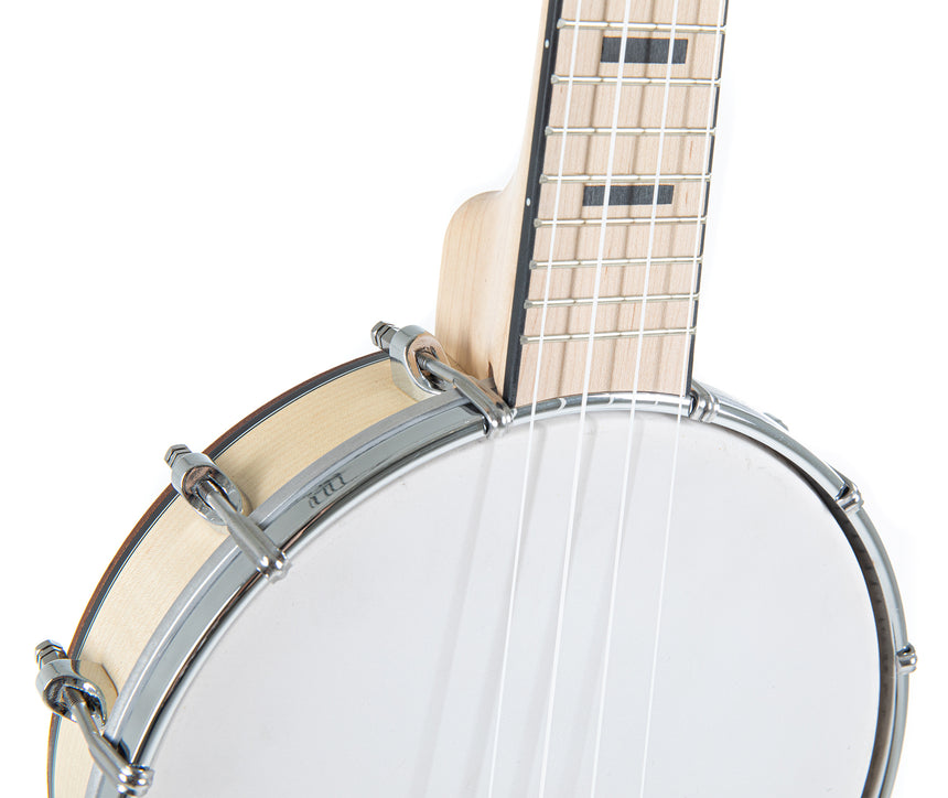 VGS Manoa VG512550 banjo ukulele, white head – detail of the neck joint and rim