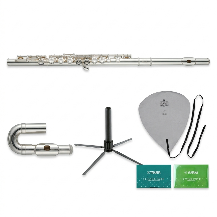 Yamaha YFL-212 Querflöte Kinder-Set – Set-Bild mit gebogenem Kopfstück, Ständer und Pflegeset