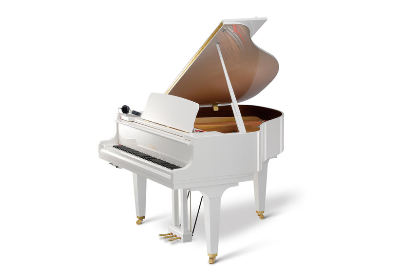 Piano à queue Kawai GL-10 ATX4 blanc poli, ferrures en laiton, couvercle ouvert et unité de commande