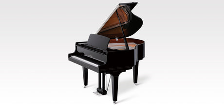 Kawai GL-10 Flügel in Schwarz poliert mit Chrombeschlägen und geöffnetem Deckel, Studioansicht