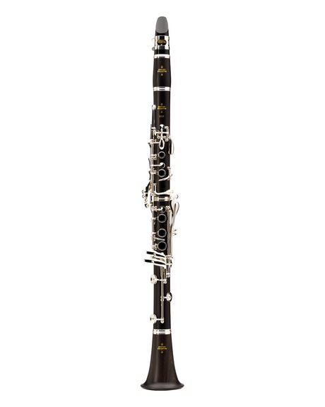 Buffet Crampon E12F B-flat clarinet in grenadilla wood with silver-plated keys – straight full front view.