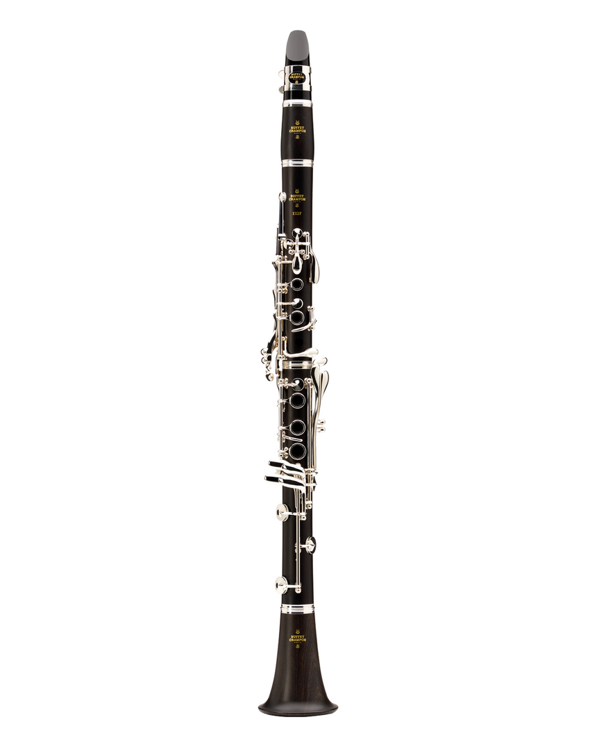 Buffet Crampon E12F B-flat clarinet in grenadilla wood with silver-plated keys – straight full front view.