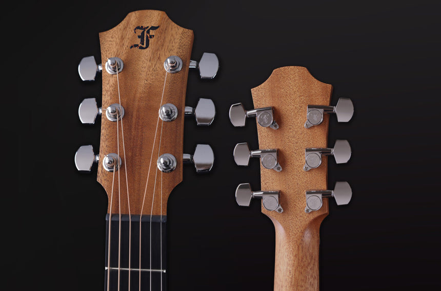 Furch Violet D-EM acoustic guitar in natural finish – front and rear headstocks