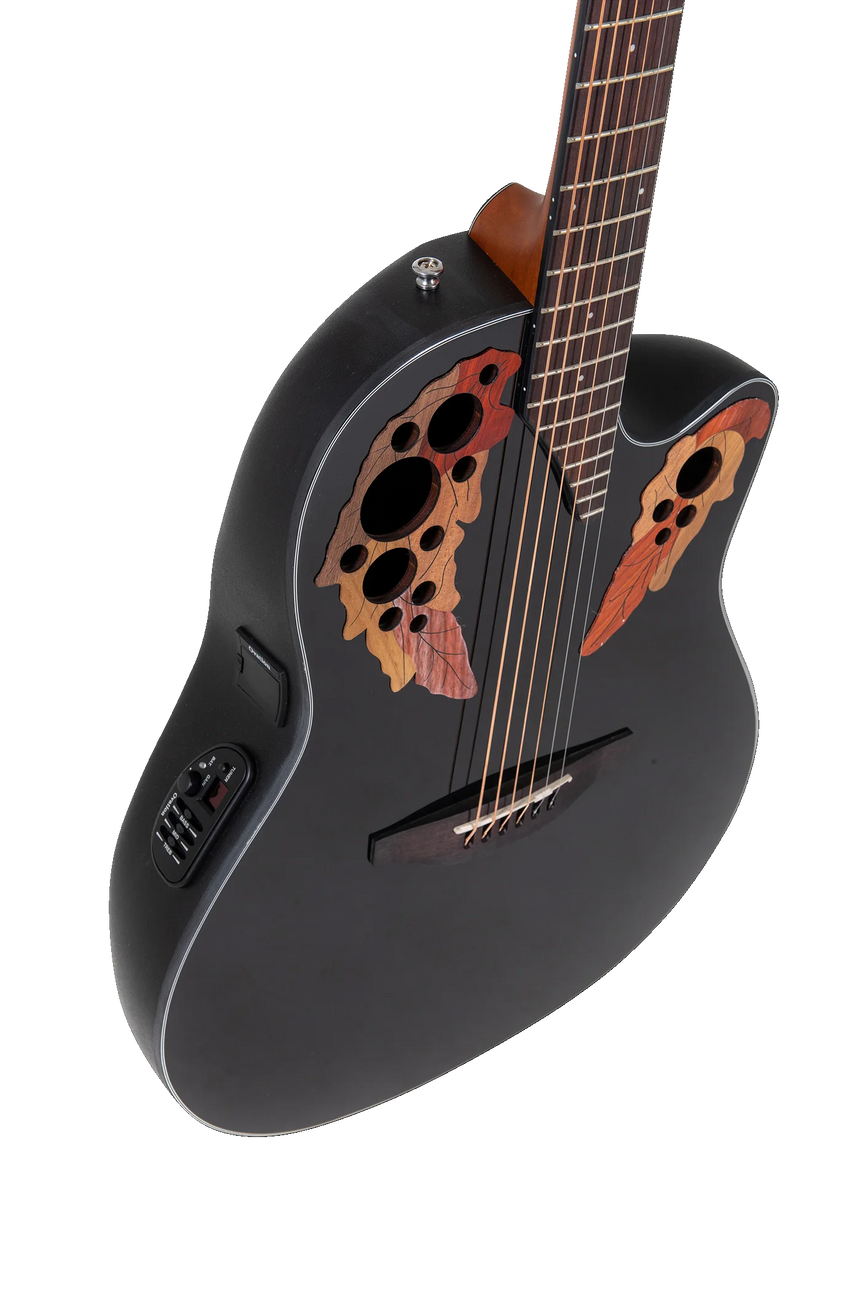 Ovation CE44-5-G acoustic guitar in black – body detail
