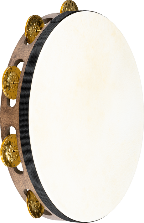 Tambourin Meinl TAH1V-WB, brun noyer, cymbalettes en laiton – vue oblique de la peau naturelle et des cymbalettes