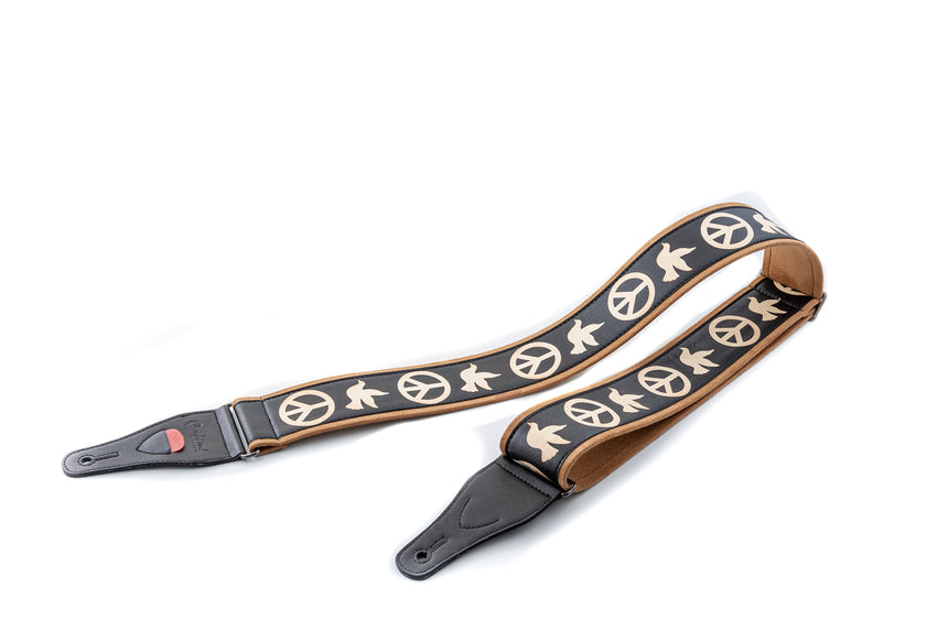 RightOn! Legend Peace & Doves guitar strap in black and beige – fully extended on white background