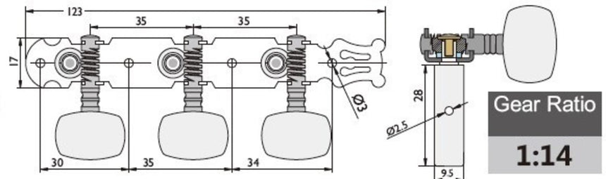 GEWA Fire & Stone 545.345 classical guitar machine heads in black and gold – manufacturer dimension drawing with 1:14 gear ratio