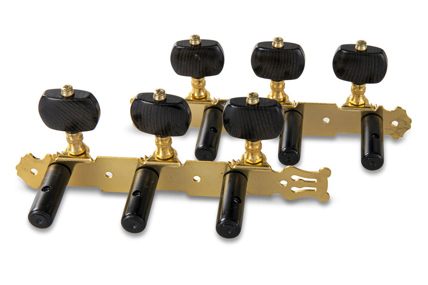 GEWA Fire & Stone 545.345 classical guitar machine heads in black and gold – rear view of both machine head plates