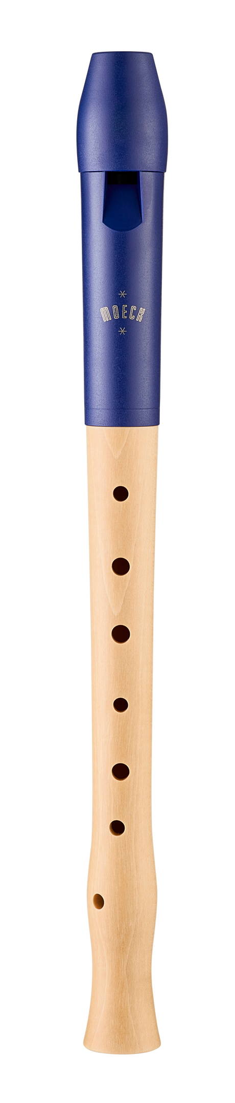 Moeck Flauto 1 Plus 1024 soprano recorder, blue and natural maple – front view with visible windway