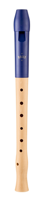 Moeck Flauto 1 Plus 1024 soprano recorder, blue and natural maple – front view with visible windway