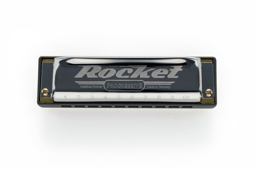 HOHNER Rocket diatonic harmonica, stainless steel covers and grey ABS comb – top view of the Rocket covers