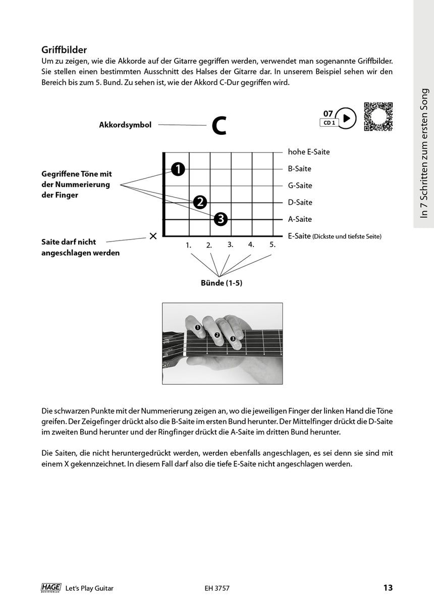 Let's Play Guitar Band 1 – Inside page with C chord and fingering diagram