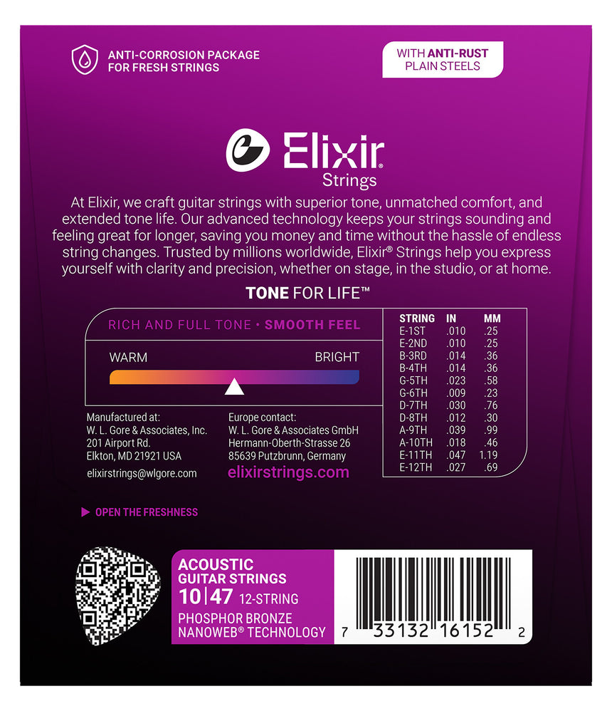 Elixir NANOWEB Phosphor Bronze 16152 – Dos de l’emballage avec référence 16152