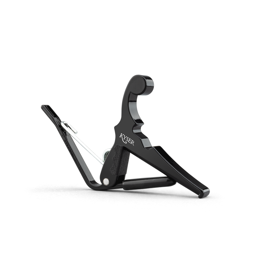 Black Kyser KBMBA Quick-Change capo for banjo, mandolin and ukulele – three-quarter view on white.