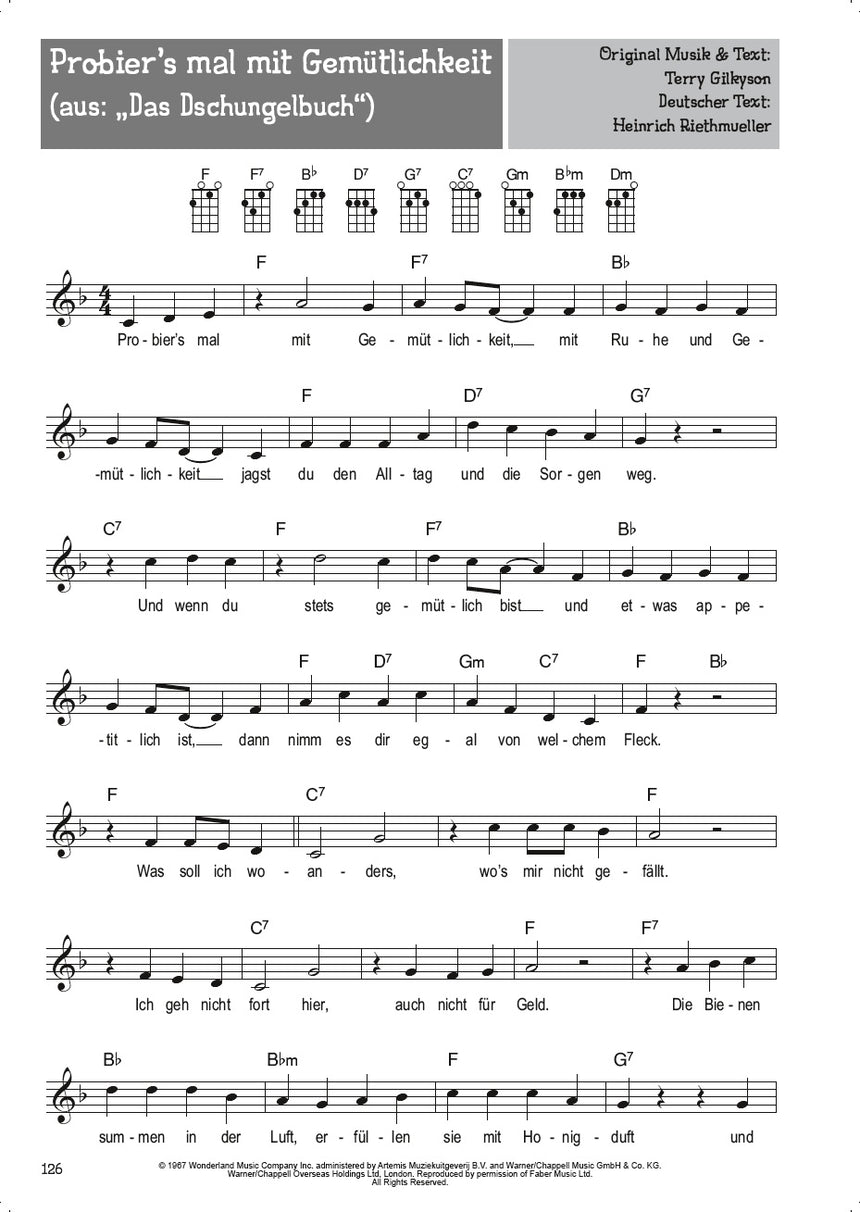 Ukulele sheet-music page with melody, lyrics and chord diagrams; book page 126.