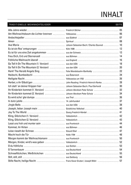 Contents page listing traditional Christmas songs and page numbers.