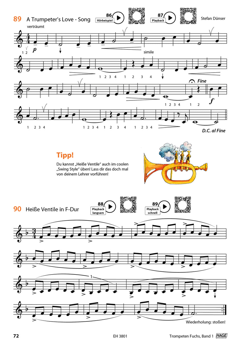 Trompeten-Fuchs Band 1 EH3801 mit QR-Codes, Musikbeispiele und Ventilübungen auf Seite 72