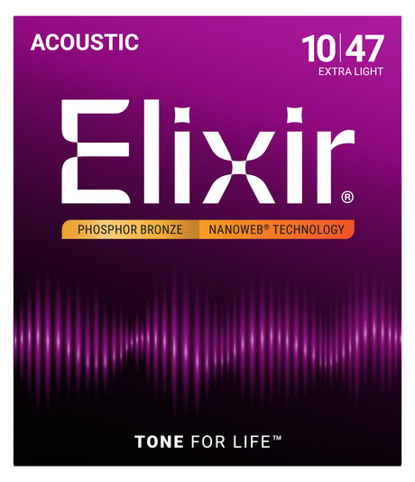 Cordes Elixir NANOWEB Phosphor Bronze 16002, 10/47 Extra Light – emballage actuel, face avant
