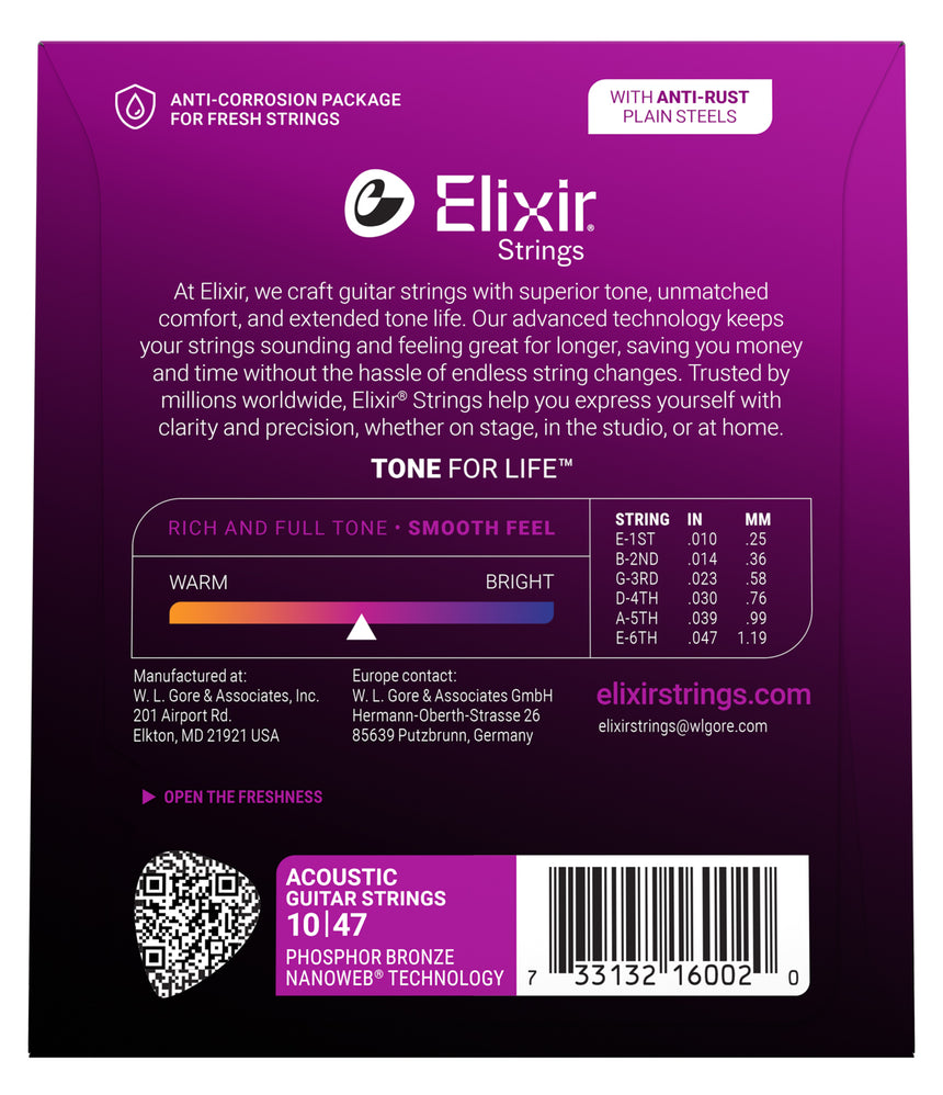 Elixir NANOWEB Phosphor Bronze 16002, 10/47 Extra Light – packaging back with string gauges