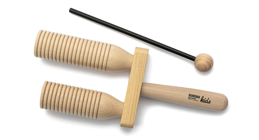 Agogo en bois à deux sons ROHEMA 61544 en hêtre naturel verni avec baguette