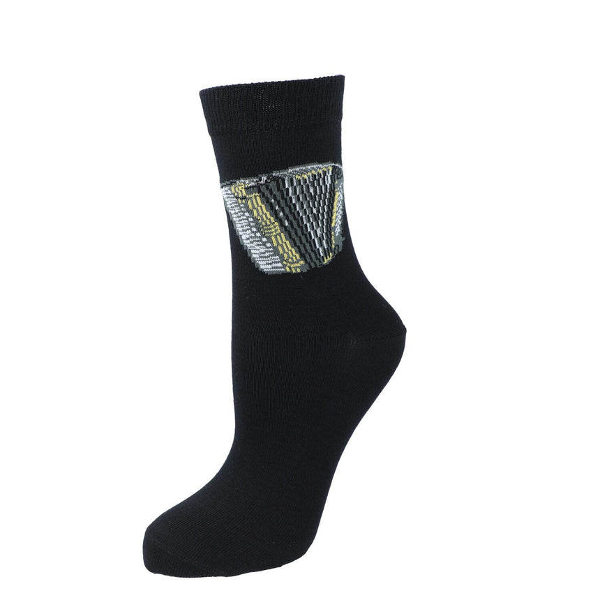 Kübler SOAC Akkordeon Socken – schwarze Socke gespannt, Motiv Akkordeon auf weißem Hintergrund